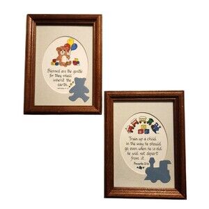 Set of 2 Nursery Bedroom Decor Bible Verses Wooden Frame w/ Matting Train Bear